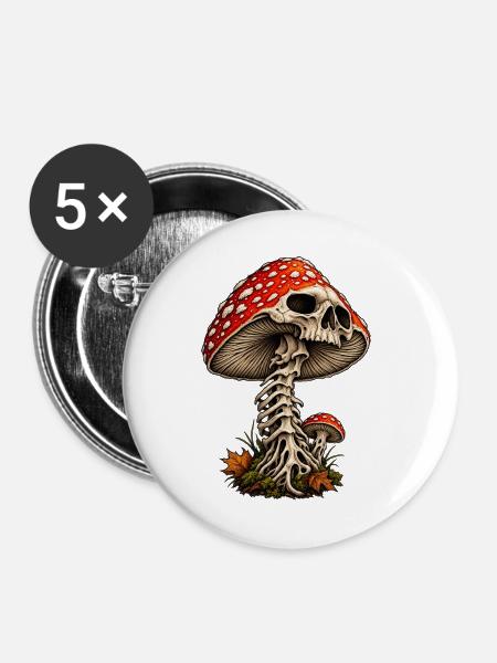 Pilz Totenkopf Gothic Design - Buttons groß 56 mm (5er Pack) - Weiß