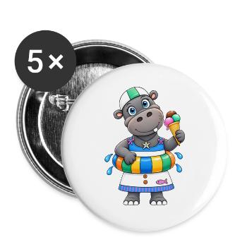 Nilpferd Sommer Lustiges Hippo - Buttons groß 56 mm (5er Pack) - Weiß - Vorne