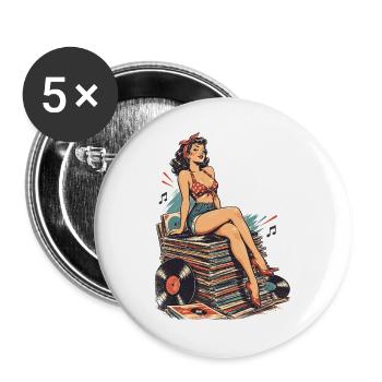 Retro Pin-Up auf riesigem Schallplatten-Stapel - Buttons groß 56 mm (5er Pack) - Weiß - Vorne