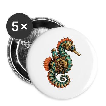Steampunk Seepferdchen Motiv - Buttons groß 56 mm (5er Pack) - Weiß - Vorne