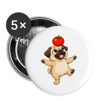 Süßer Mops Cartoon balanciert Tomate - Buttons groß 56 mm (5er Pack) - Weiß - Vorne