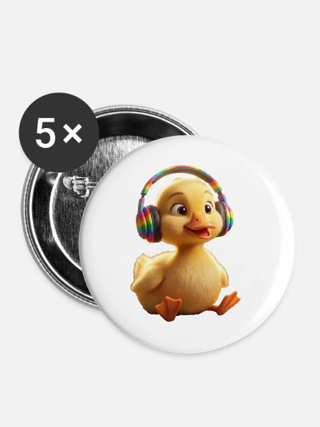 Rainbow-Küken mit Kopfhörern - Buttons groß 56 mm (5er Pack) - Weiß