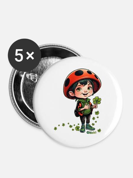 Glücki vom Glückspilzeland ein Klee-Abenteuer - Buttons groß 56 mm (5er Pack) - Weiß