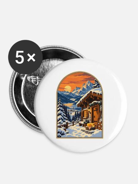 Alpenchalet bei Sonnenuntergang Reiseplakat - Buttons groß 56 mm (5er Pack) - Weiß