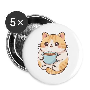 Katze mit Kaffee  - Buttons groß 56 mm (5er Pack) - Weiß - Vorne