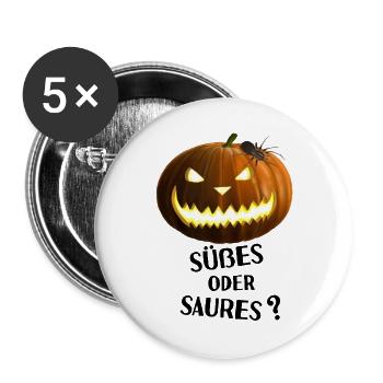 Süßes oder Saures - Kürbis mit Spinne - Buttons groß 56 mm (5er Pack) - Weiß - Vorne