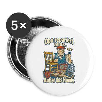 Opa repariert alles außer Handy - Buttons groß 56 mm (5er Pack) - Weiß - Vorne