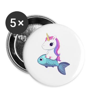 Einhorn reitet auf Fisch - Buttons groß 56 mm (5er Pack) - Weiß - Vorne