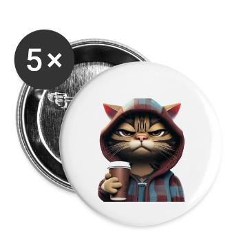 Guten Morgen Spruch mit genervter Katze mit Kaffee - Buttons groß 56 mm (5er Pack) - Weiß - Vorne