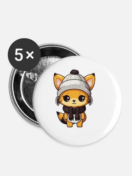 Fuchs Winter Comic - Buttons groß 56 mm (5er Pack) - Weiß