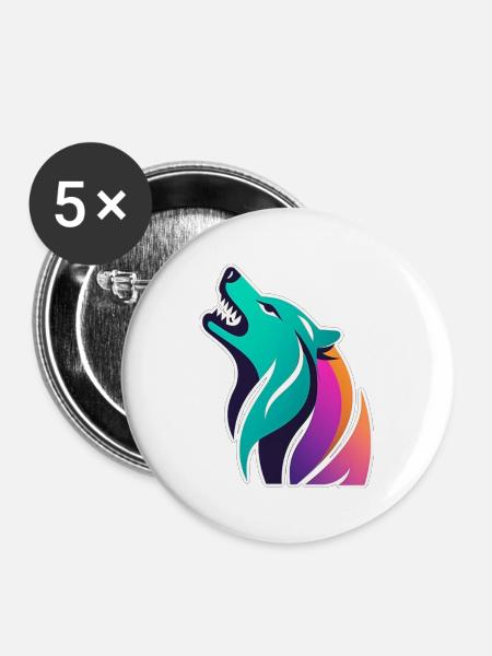 bunter stilisierter Wolf - Buttons groß 56 mm (5er Pack) - Weiß
