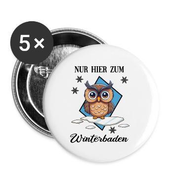 Winterbaden Eisbade-Eule Winterschwimmen Kältebad - Buttons groß 56 mm (5er Pack) - Weiß - Vorne