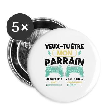 Veux-tu être mon parrain, Demande parrain gamer - Lot de 5 grands badges (56 mm) - blanc - Devant