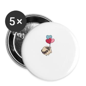 Fliegender Mops Pugs & Kisses Design mit Herzen - Buttons groß 56 mm (5er Pack) - Weiß - Vorne