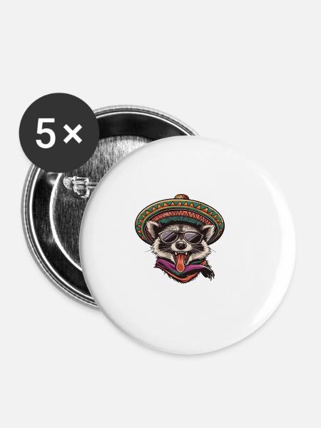 Waschbär Lustig Sombrero - Buttons groß 56 mm (5er Pack) - Weiß