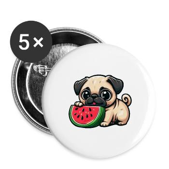 Funny cartoon pug dog eats watermelon - Buttons large 2.2''/56 mm (5-pack) - white - Front