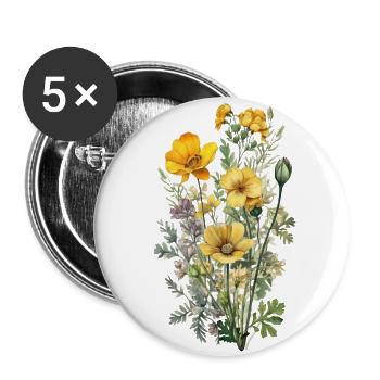 Wunderschönes Boho Blumen Herbarium Bouquet gelb - Buttons groß 56 mm (5er Pack) - Weiß - Vorne