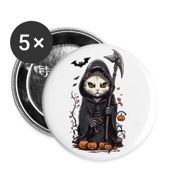 Süß gruseliges Katzen Sensenmann Halloween Design - Buttons groß 56 mm (5er Pack) - Weiß - Vorne