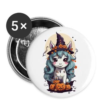 Magisches Hexen Pony süßes Halloween Design - Buttons groß 56 mm (5er Pack) - Weiß - Vorne