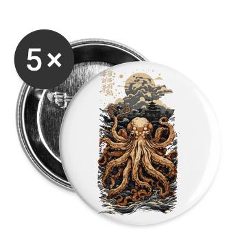 Ukiyo-E Oktopus Japanisches Meer und Fischer - Buttons groß 56 mm (5er Pack) - Weiß - Vorne