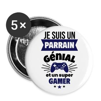 Parrain génial et super gamer Geek Gamer Gaming - Lot de 5 grands badges (56 mm) - blanc - Devant