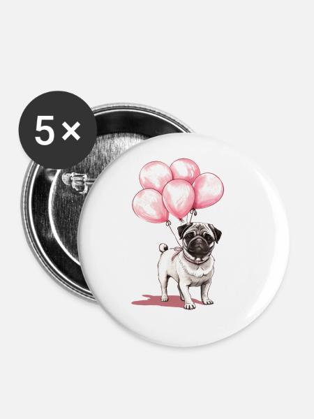 Mops und Luftballons - Buttons groß 56 mm (5er Pack) - Weiß