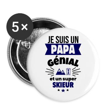 Papa génial & skieur – idée fête des pères - Lot de 5 grands badges (56 mm) - blanc - Devant