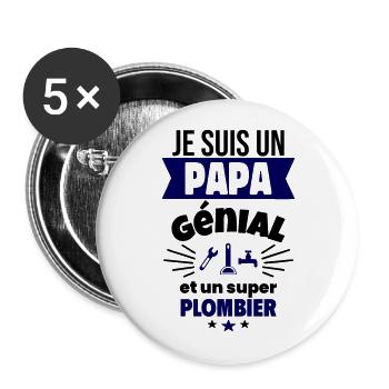 Papa génial & plombier – idée fête des pères - Lot de 5 grands badges (56 mm) - blanc - Devant