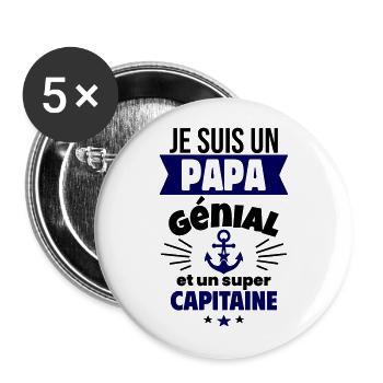 Papa génial & capitaine – idée fête des pères - Lot de 5 grands badges (56 mm) - blanc - Devant