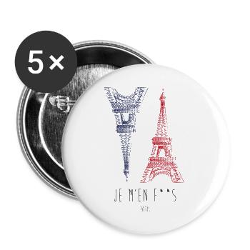 Je m'en F**s (I don't give a f*ck) - Buttons groß 56 mm (5er Pack) - Weiß - Vorne