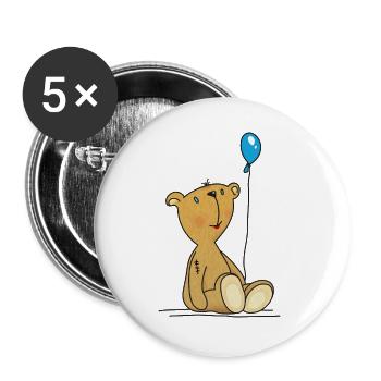 Teddybär mit blauem Luftballon Kuscheltier Kinder - Buttons groß 56 mm (5er Pack) - Weiß - Vorne