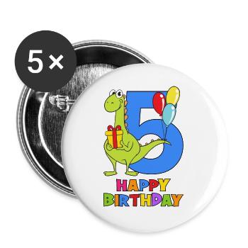 Fünfter Geburtstag 5 Jahre alt Dino Dinosaurier - Buttons groß 56 mm (5er Pack) - Weiß - Vorne