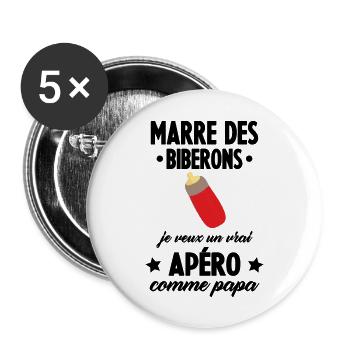 Marre des biberons, cadeau naissance, grossesse - Lot de 5 grands badges (56 mm) - blanc - Devant