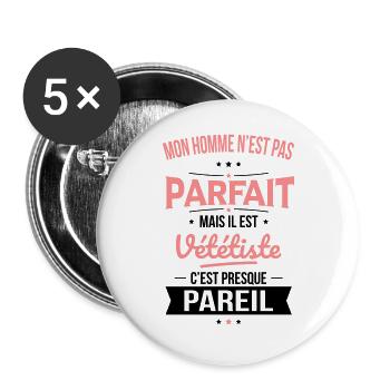 Mon homme n'est pas parfait mais il est vététiste - Lot de 5 grands badges (56 mm) - blanc - Devant