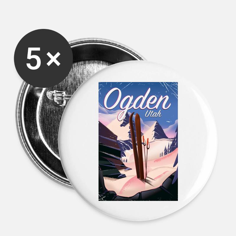 Affiche de ski Ogden Utah - Lot de 5 grands badges (56 mm) - blanc