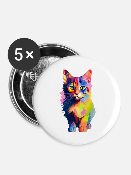 Tierisch bunte Katze - Buttons groß 56 mm (5er Pack) - Weiß