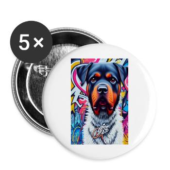 Chien rottweiler en manteau de fourrure devant les graffitis |Pop Art - Lot de 5 grands badges (56 mm) - blanc - Devant
