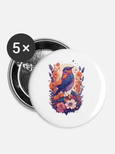 Vogel im Blumenbouquet - Buttons groß 56 mm (5er Pack) - Weiß