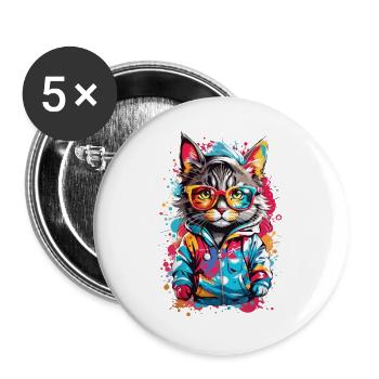 Chat cool - Lot de 5 grands badges (56 mm) - blanc - Devant