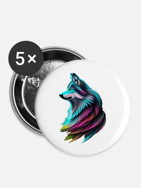 Bunter Wolf - Buttons groß 56 mm (5er Pack) - Weiß