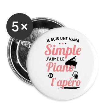 Nana simple j'aime le piano et l'apéro - Lot de 5 grands badges (56 mm) - blanc - Devant