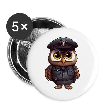 Eulen Polizei - Buttons groß 56 mm (5er Pack) - Weiß - Vorne