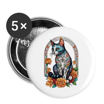 Katze Mexiko - Dia de los Muertos - Buttons groß 56 mm (5er Pack) - Weiß - Vorne