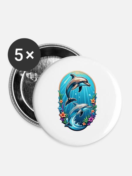 Delfin & Ozean - Buttons groß 56 mm (5er Pack) - Weiß