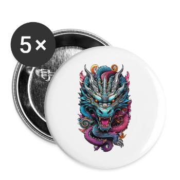 Asiatischer Drache - Japan - Chinesisch - Buttons groß 56 mm (5er Pack) - Weiß - Vorne