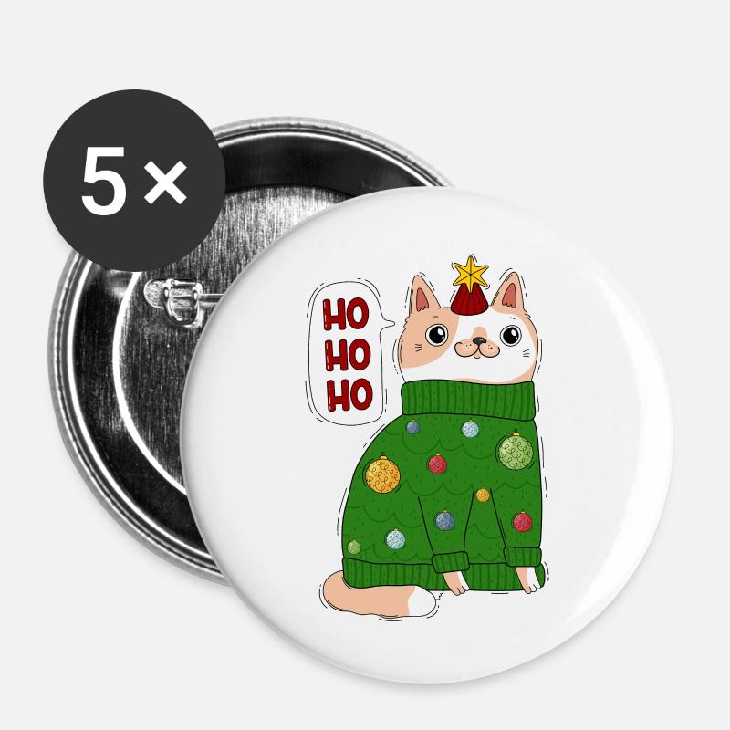 Katze im Weihnachtspullover - Buttons groß 56 mm (5er Pack) - Weiß