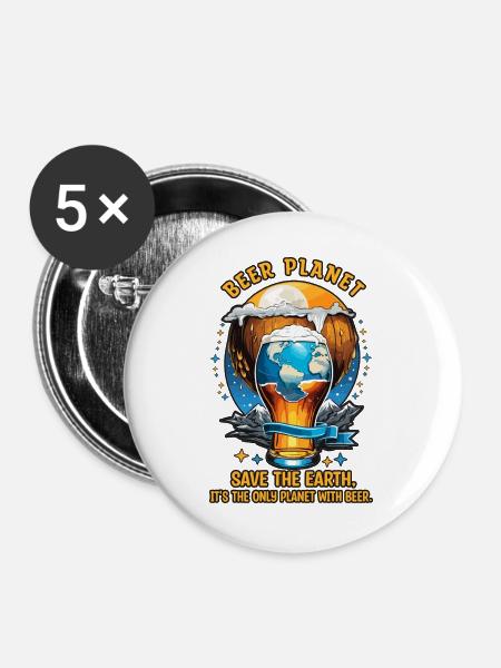 Bier Planet - Buttons groß 56 mm (5er Pack) - Weiß
