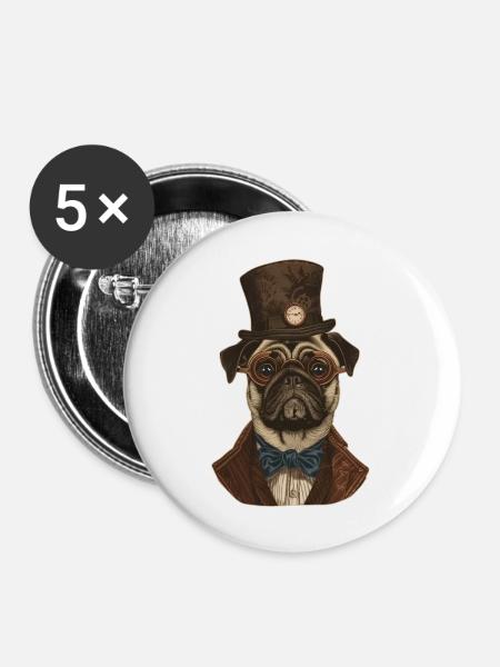 Steampunk Mops - Buttons groß 56 mm (5er Pack) - Weiß