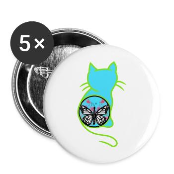 Vintage Retro Frühling Katze Schmetterling 80er - Buttons groß 56 mm (5er Pack) - Weiß - Vorne
