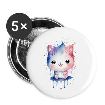 Mignon chaton kawaii aquarelle - Lot de 5 grands badges (56 mm) - blanc - Devant
